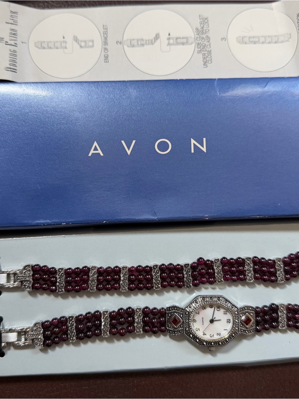 NIB AVON MARCASITE & GARNET QUARTZ WATCH AND BRACELET